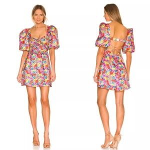 For Love & Lemons Merrill Floral Puff Sleeve Mini Dress in Red Size 1X